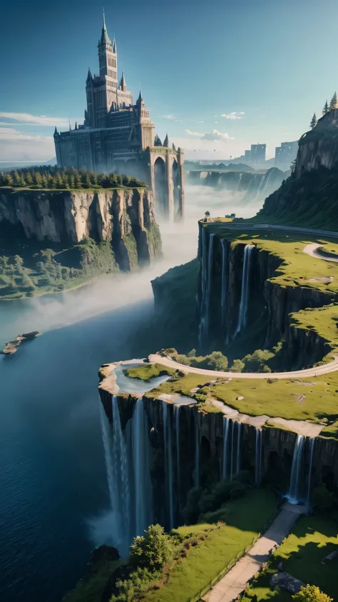 Huge castles and skyscrapers floating in the air Cyberpunk fantasy world Top quality ultra high definition utopia 8K Giant waterfalls nature