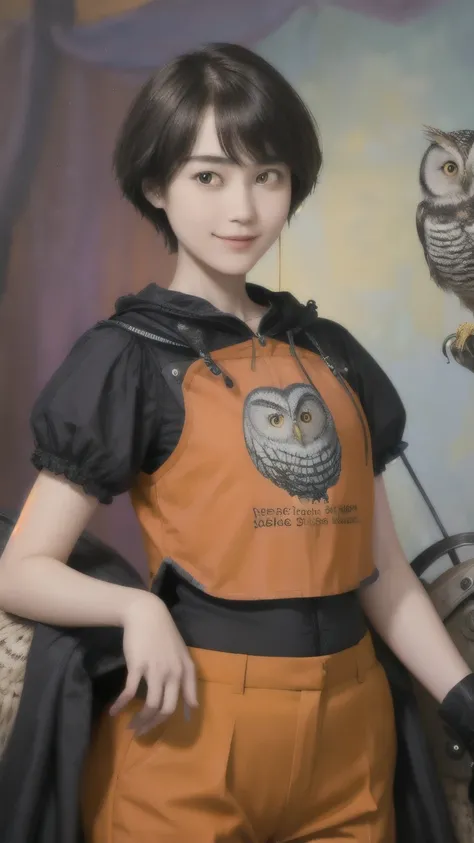 224 Short Hair, 20-year-old woman, A kind smile, (There are also colorful owls), (Rembrandt-style painting), ((machinery suit,Clothes with short sleeves)),I can see your abs