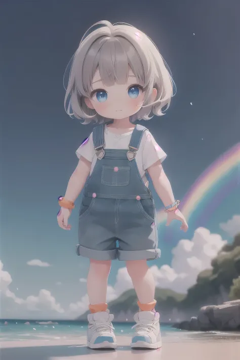 girl,10 years old,Dress up cutely,orange arm bracelet,rainbow arm bracelet,light blue eyes,short hair,With bangs,white sneakers,Wear overalls,sea,gray-brown hair,white skin,Holding a doll