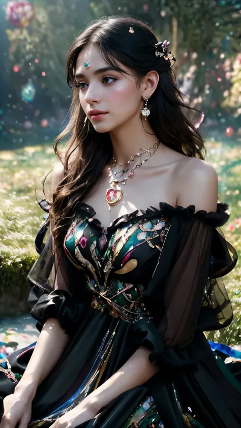 8k, Ultra HD, masterpiece, 1 girl, (Beautiful Face:1.4), Fine grain, Very long hair, Impressive hairstyle, Earrings, necklace, Small breasts, (Black Dress:1.5), (Fantasy Dress:1.5) A light-toned foundation enhances the clarity of your skin., (In Wonderland...