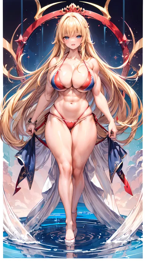 Very detailed、highest quality、Best image quality、masterpiece、8k、Anime Face、A kind smile、(Open your mouth:1.3)、Sparkling blue eyes、(Blonde semi-long hair:1.5)、(Muscles of the whole body:1.3)、(High leg:2.0)、Thigh belt、(Red high-cut bikini:1.5)、(Upper body ph...