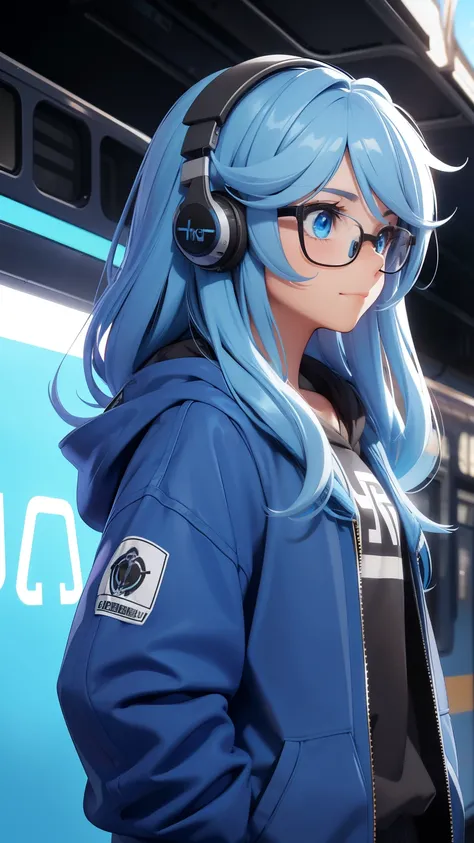 A girl, sky hair, long hair, feminime, soft smile, sky blue hoodie jacket, glowing blue eyes, train background, wearing black headphone, side view, glasses,