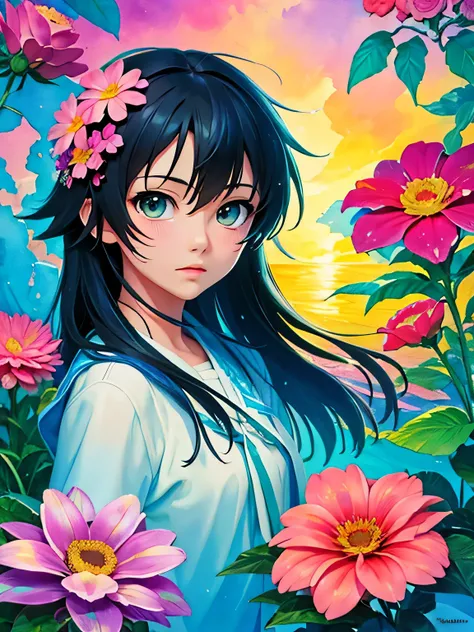 Makoto Shinkai style、8K Quality、Intense watercolor, Detailed watercolor art, Watercolor splash, Surreal, avant-garde pop art, Beautiful and expressive paintings, Beautiful artwork illustration, Very colorful tones, wonderful, Cool beauty, highest quality、O...