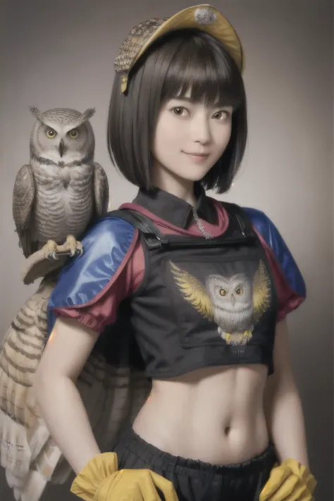 224 Short Hair, 20-year-old woman, A kind smile, (There are also colorful owls), (Rembrandt-style painting), ((machinery suit,Clothes with short sleeves)),I can see your abs