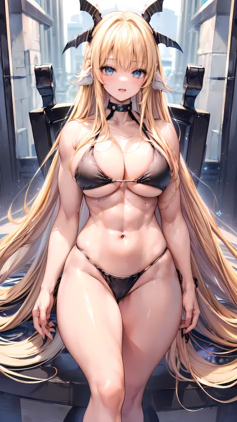 Very detailed、highest quality、Best image quality、masterpiece、8k、Anime Face、A kind smile、(Open your mouth:1.3)、Sparkling blue eyes、(Blonde semi-long hair:1.5)、(Muscles of the whole body:1.3)、(High leg:2.0)、Thigh belt、(Black high-cut bikini:1.5)、(Upper body ...