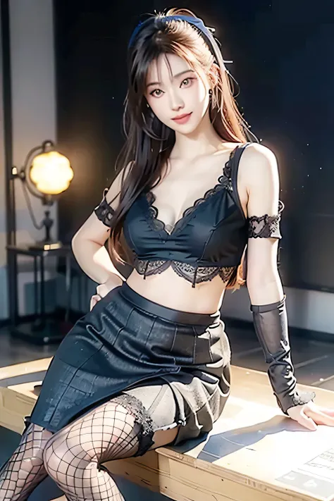 An innocent 20-year-old girl, (Lace Top and Pencil Skirt with Fishnet Stockings:1.5), (high heels), (Dramatic Pose),smile, (High Ponytail),natural Park、RAW Photos, (8k, highest quality, masterpiece:1.2), (Intricate details:1.4)、(Photorealistic:1.4), Octane...