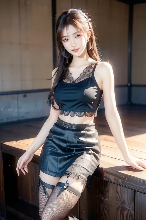 An innocent 20-year-old girl, (Lace Top and Pencil Skirt with Fishnet Stockings:1.5), (high heels), (Dramatic Pose),smile, (High Ponytail),natural Park、RAW Photos, (8k, highest quality, masterpiece:1.2), (Intricate details:1.4)、(Photorealistic:1.4), Octane...