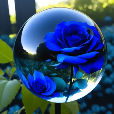 glass orb, black haze, close-up photo of dystopian garden, blue rose