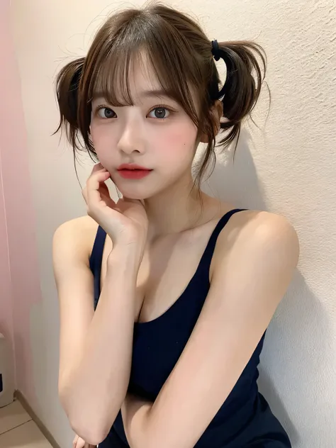 one person、whole body photos、White shirt、Cleavage、Navy blue mini skirt、fun、15 years old、whole body、slender、woman、White drool coming out of the mouth、Short hair, fair skin,Twin tails、Super cute、Soft and Face、Brown Hair、8k resolution、Surreal、Ultra high defin...