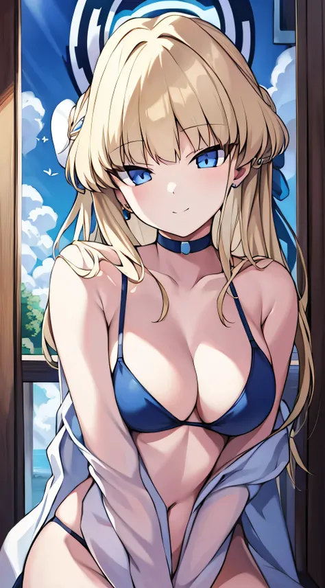 1 girl, breast, Solitary, kashiwazaki_One year has passed, Blonde_hair, swimsuit, Bikini, one_Eye_closure, hair_decorexistions, blue_Eye, Large target_breast, Hexist, Smile, long_hair, Butterfly_hair_decorexistions, blue_Bikini, sun_Hexist, Watching_exist_...