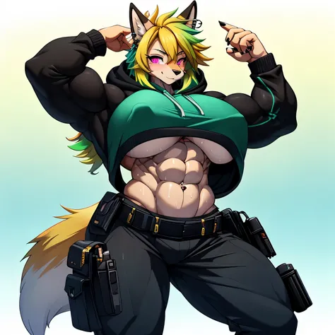 1 anthro fox girl, solo, solo focus, full body shot, portrait, oversized hoodie, aqua green and white hoodie with no sleves, half aqua, half green, ((brown hair)), (yellow hair), (gradient hair :1.5), curly hair, ((pink eyes)), hyperdetailed eyes, best qua...