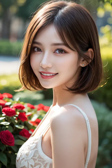 (8k, RAW Photos, highest quality, masterpiece, Realistic, Realistic), (1 female), (Ultimate beauty), Highly detailed face, (Perfect Teeth), Beautiful Eyes, double eyelid, eyelash, smile, Lip details, Brunette Bob, The light shines on your face, ((one piece...