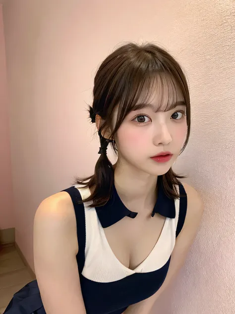 one person、whole body photos、Navy blue polo shirt、Cleavage、Navy blue mini skirt、fun、15 years old、whole body、slender、woman、White drool coming out of the mouth、Short hair, fair skin,Twin tails、Super cute、Soft and Face、Brown Hair、8k resolution、Surreal、Ultra h...