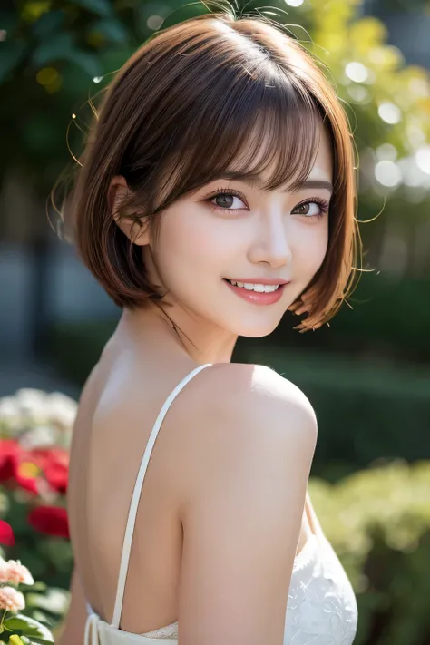 (8k, RAW Photos, highest quality, masterpiece, Realistic, Realistic), (1 female), (Ultimate beauty), Highly detailed face, (Perfect Teeth), Beautiful Eyes, double eyelid, eyelash, smile, Lip details, Brunette Bob, The light shines on your face, ((one piece...