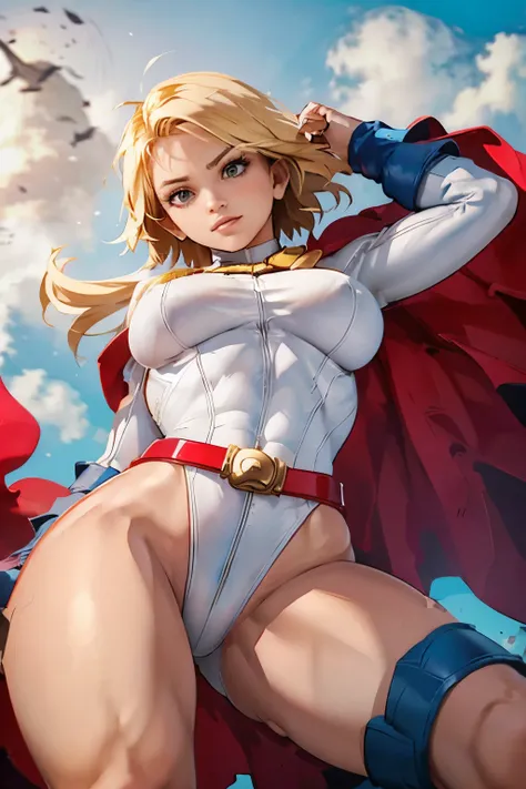 fighting PowerGirl,(shoot from below),(open thighs),cameltoue,solo,blond_hair,damage white leotard,red belt,solo,blue boots, best quality, masterpiece, beautiful,(masterpiece), (best quality)