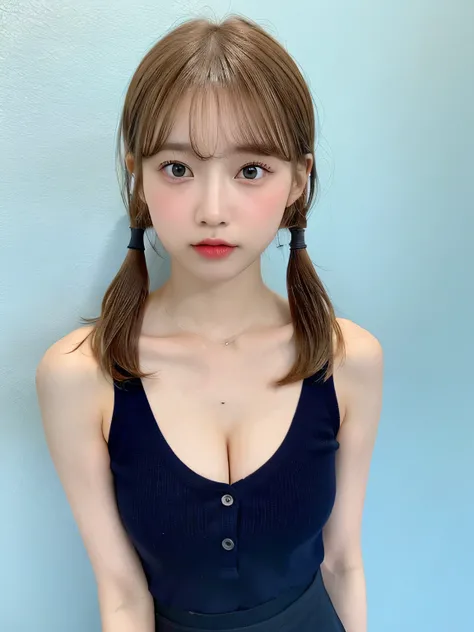 one person、whole body photos、Navy blue polo shirt、Cleavage、Navy blue mini skirt、fun、Blonde、15 years old、whole body、slender、woman、White drool coming out of the mouth、Short hair, fair skin,Twin tails、Super cute、Soft and Face、Brown Hair、8k resolution、Surreal、...