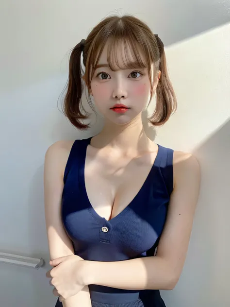 one person、whole body photos、Navy blue polo shirt、Cleavage、Navy blue mini skirt、fun、Blonde、15 years old、whole body、slender、woman、White drool coming out of the mouth、Short hair, fair skin,Twin tails、Super cute、Soft and Face、Brown Hair、8k resolution、Surreal、...