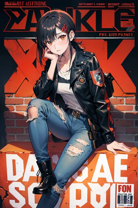 masterpiece, best quality, full body, 1girl, bangs, pistol 9mm holstered on her hip, denim jacket, jeans, combat boots, determined expression, gritty background with brick walls and dim streetlights, bold text reading "Gunslingers Grace," vibrant colors of...