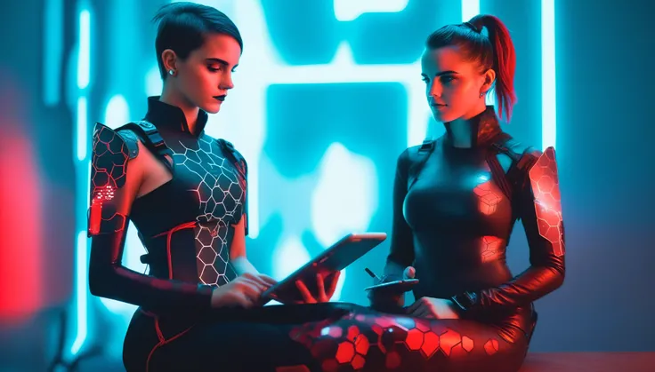 Two young female hackers sitting in a cyberpunk hackerspace with large windows in a cyberpunk metropolis facing the viewer, right arm resting on her waist, left arm held forward holding a transparent smart tablet, short silverwhite undercut haircut, immacu...