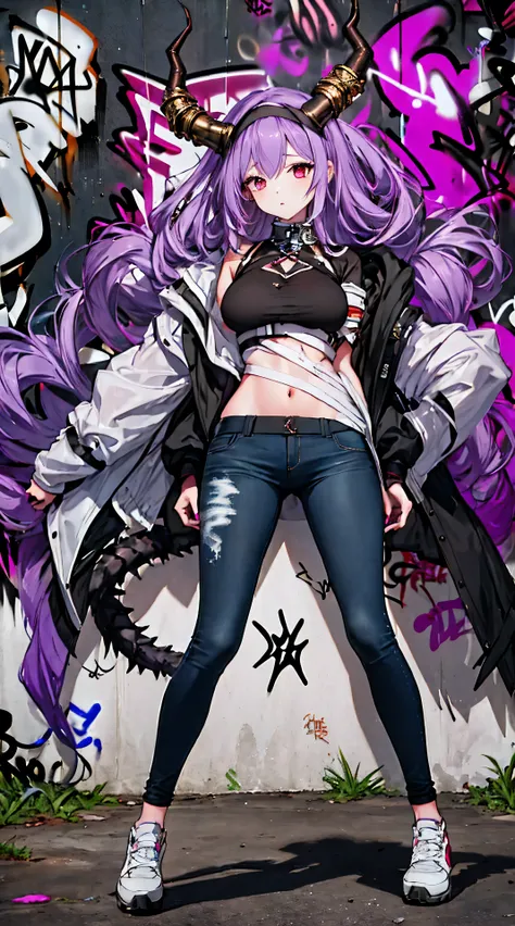 typhon| arknights, Masterpiece, best quality, 1 girl,Age 20, double tail hairstyle, The body is in proportion., dragon horns, dragon tail, very long hair, hairband, purple hair, red eyes, Long jeans, ,only, (graffiti:1.5), splashed with purple lightning pa...