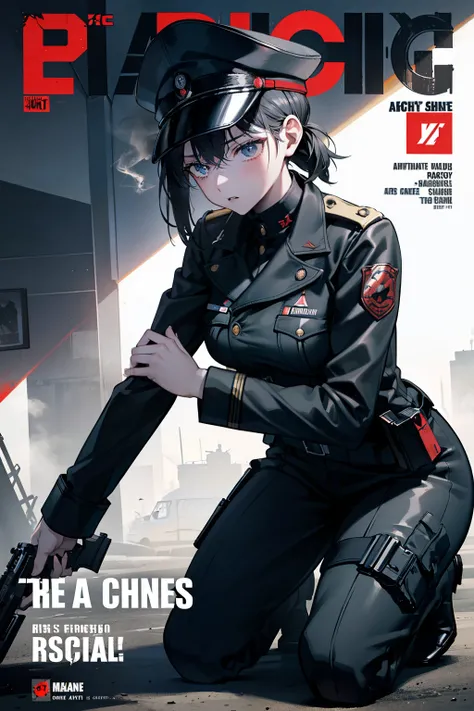 masterpiece, best quality, full body, 1woman, pistol 9mm in hand, intense gaze, military uniform, boots, tactical gear, determined expression, grungy background, dimly lit, realistic details, perfect depiction of bullets and smoke effects, (Magazine: 1.3),...