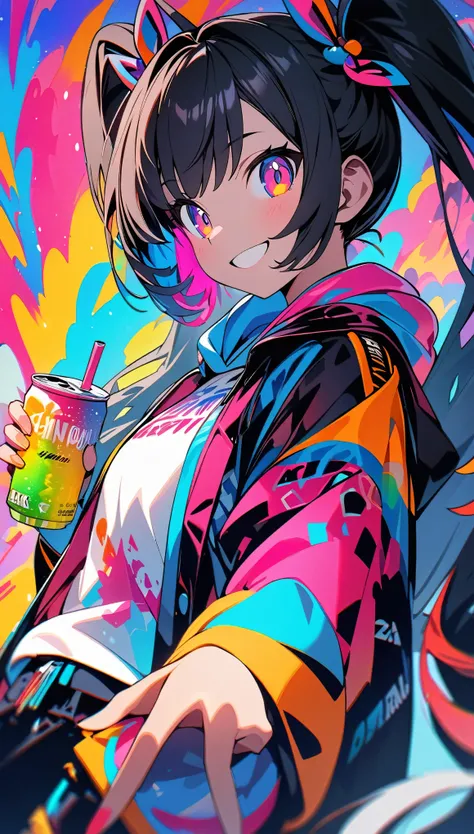 (highest quality:1.2, Very detailed, up to date, Vibrant, Ultra-high resolution, High Contrast, masterpiece:1.2, highest quality, Best aesthetics), (((1 girl))), Beautiful woman, (smile), Bright color palette, Colorful Art, Energy DrinksをDrink through a st...