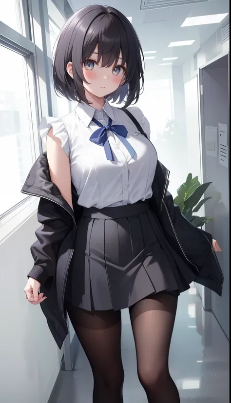 one girl、positive、standing posture、full body portrait、black hair、medium haircut、blush、absolute area、black knee-high socks、knee-l...