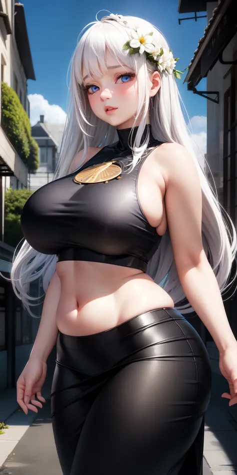 realistic, 1girl, white hair, long, slightly chubby body, blue eyes, big round breasts, shining eyes, black crop top, black skirt, parted lips, blush, evening, flowers, sun, sunshine