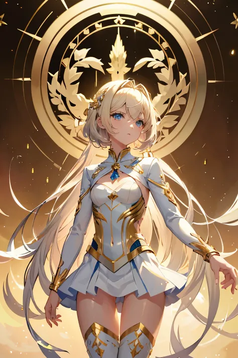 Anime girl with short blond hair and blue eyes in a white suit, белый suit with gold, concept art, inspired by Lee Chevalier, ArtStation, fantasy art, portrait girl knights of the zodiac, girl knights of the zodiac, very detailed exquisite fanart, Extremel...