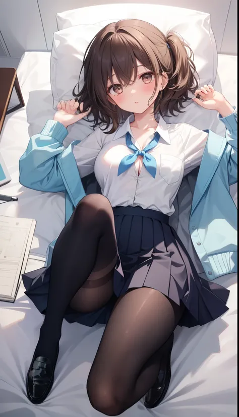 One Girl、Positive、From above、Full body portrait、Brown haired、Medium Haircut、blush、Absolute area、Knee socks、stockings、pantyhose、レースpantyhose、White underwear、Cleavage、Light blue cut shirt、Unbutton your shirt、Navy blue checkered pleated skirt、Very short skirt...