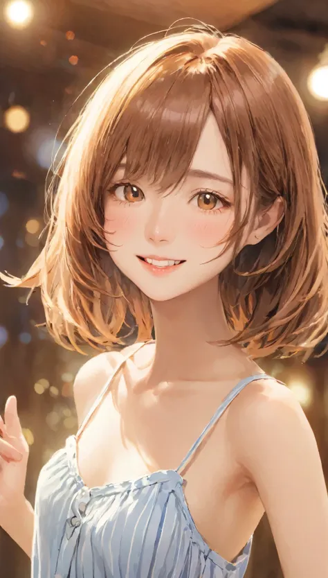 One Girl、((smile:0.1))、pretty girl、Brown Hair、Baby Face、young、Delicate girl、Upper Body、Small breasts、Unreasonable precision、Very detailed、camisole、Completely flat、Honesty、Thin arms, Professional Lighting, Film Grain, chromatic aberration, (Eye and facial d...