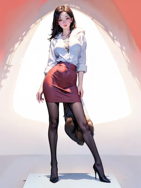 1 girl,solitary,medium breasts,outdoor,(thigh clearance:1.2),(red background),(whole body:1.2),(white shirt:1.1),(pencil skirt:1...