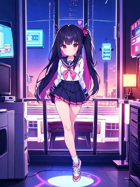 beautiful girl incredible quality 4k vtuber with red eyes multiple color blue and black hair con cinta rosa  short pleated skirt...