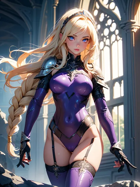 nsfw,Master piece,best quality,ultra-detailed,valkyrie,(1 girl),beautiful girl,panty shot,cameltoe,garter belt,seductive young woman,beautiful breasts,full body,standing,armored dress, (blonde single braid),big blue glowing eyes, (beautiful detailed eyes),...