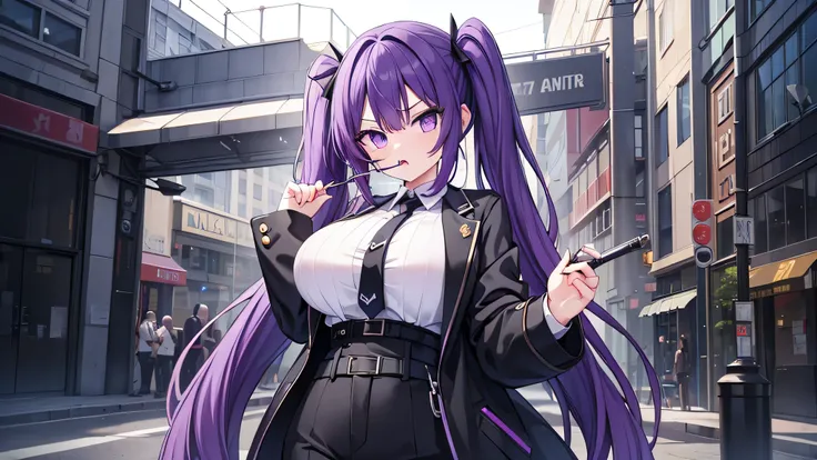 1girl, cute girl, purple hair, twintail hair, purple eyes, huge breasts,
black suit, black jacket and pants, white shirts, (black sunglasses), serious gaze, open mouth, looking at viewer,
holding a hand gun, point a gun at someone, (have a smoke in her mou...