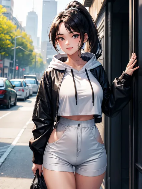 ((best quality)), ((masterpiece)), (detailed), perfect face,(18 years old),(beautiful girl), ponytail,(blackes Braun hair), cute smile (looking at vivers) on a streat road,( full body view),(detailed lips), perfect head ,(detailed face), wers a white hoodi...