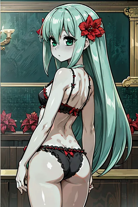 1 girl、Silver Hair、Pale skin、Long Hair、Red flower hair ornament、Emerald green eyes、、High resolution、highest quality、Anime Moe Art Style、Cowboy Shot、Plush panties、lingerie、stomach、bra、Rear view、Thong、Outdoor、