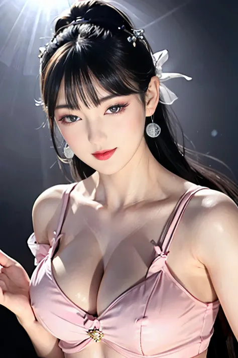 (large round breasts: 1.6), very delicate and beautiful, masterpiece, highest quality, ultra high resolution, 16k, photorealistic, ultra detail, narrow eyes, 1 girl, all white, forehead, black hair , solo, ((very voluptuous glamor)), narrow slit eyes, dark...