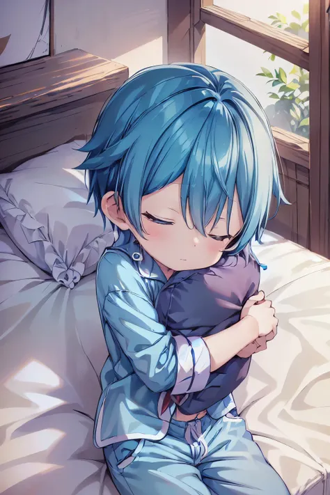 1boy, aoi, blue hair, masterpiece, ultra detail, male focus, wearing pajamas satin shorts, sleeping and hug pillow, closed eyes,