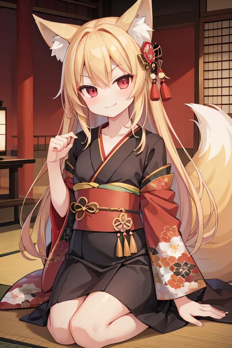 highest quality、Smirking face、Small breasts、Open chest、Fox ears、Long blonde、Red Eye、kimono、Japanese-style room