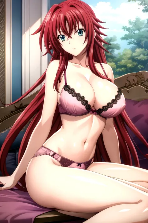 not_DXD_Rias, 1 Girl, Rias gremory, Long hair, Solitary, Ahog, Red hair, , breast, Hair between the eyes, very Long hair, large breast, Green Eyes,, permanent, bow, Shut up, Bangs, blue eyes, huge Ahog, Side lock,Pink Underwear,Pink Lace, pink bra, pink un...