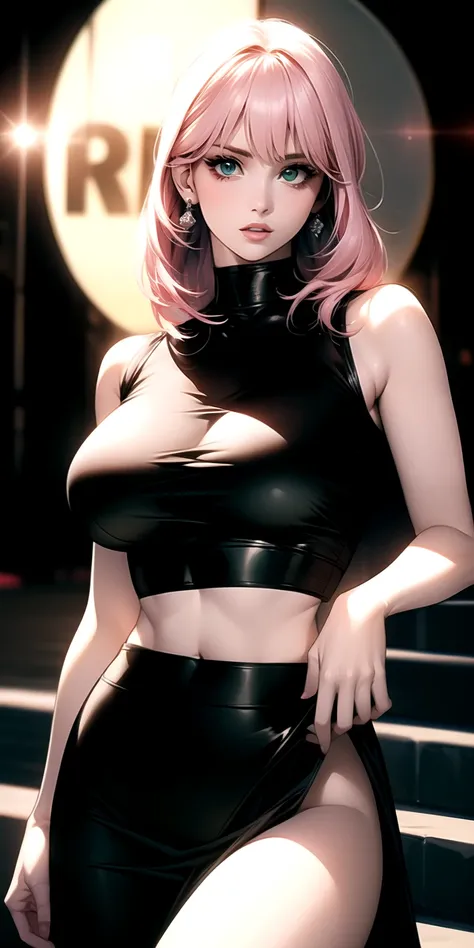 realistic, 1girl, Fubuki, pink hair, green eyes, big round breasts, pure white skin, shining eyes, dark green crop top, dark green skirt, parted lips, rouge, night, flowers, sun, sunshine