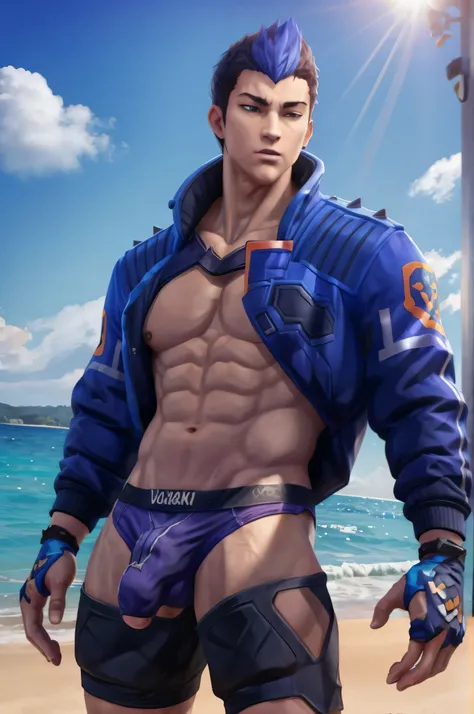 yoru valorant, bulge, hand inside underwear, beach background, calvin klein underwear