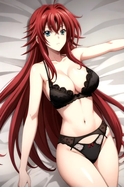 not_DXD_Rias, 1 Girl, Rias gremory, Long hair, Solitary, Ahog, Red hair, , breast, Hair between the eyes, very Long hair, large breast, Green Eyes,, permanent, bow, Shut up, Bangs, blue eyes, huge Ahog, Side lock,Black underwear,black lace, black bra, blac...