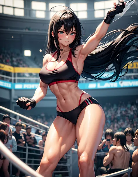 beautiful girl、Fighter、Black Hair、long hair、Big Breasts、sexy、Sexy、A gentle smile、Sports Bra、Surf bikini pants for women、Wristband、Gloves、Ring Shoes、canvaat、On the Ring、Match in the ring、indoor、Match venue、The whole body is visible、Abdominal muscleuscular、１...