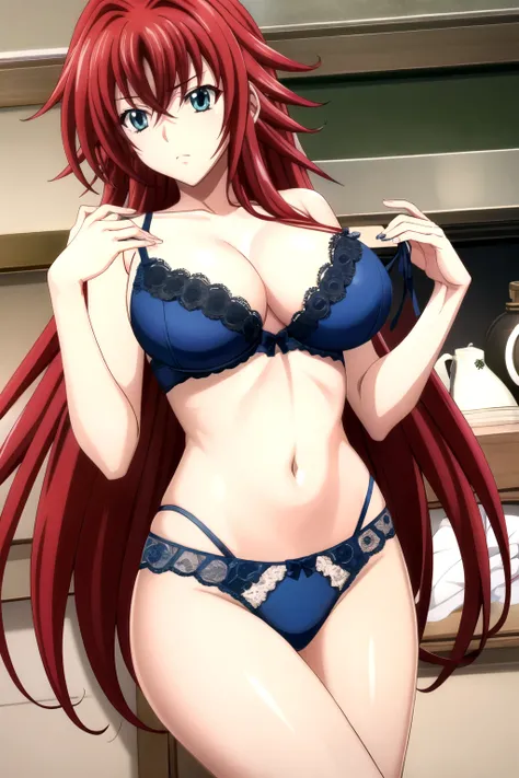 not_DXD_Rias, 1 Girl, Rias gremory, Long hair, Solitary, Ahog, Red hair, , breast, Hair between the eyes, very Long hair, large breast, Green Eyes,, permanent, bow, Shut up, Bangs, blue eyes, huge Ahog, Side lock,blue underwear,blue lace, blue bra, blue un...