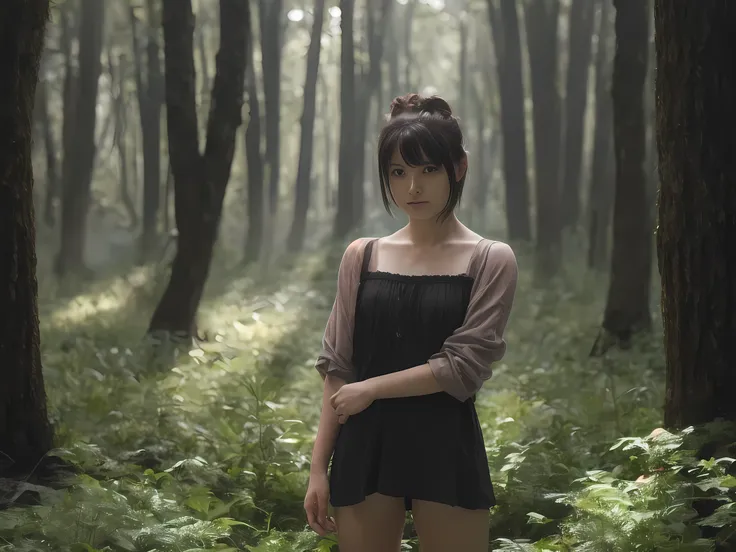 a perfect photograph, beautiful young female short hair ,darkness forest