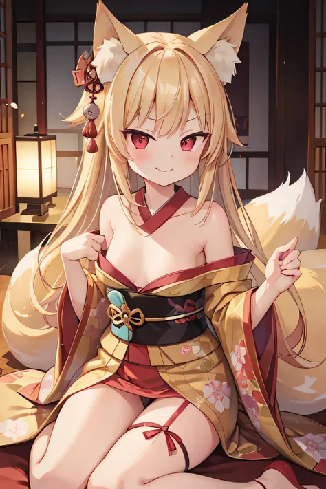 highest quality、Smirking face、Small breasts、Panty shot、Open back、Fox ears、Long blonde、Red Eye、kimono、Japanese-style room