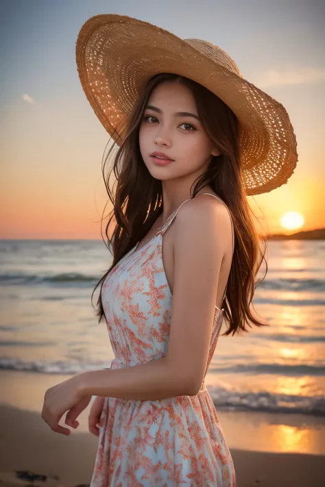 A girl standing in shallow sunset, wearing a straw hat and swimsuit with a dress or shorts. She is surrounded by flowers and starfish. The scene is a masterpiece with the best quality, capturing the beauty of the sunset. The colors are vibrant and the ligh...