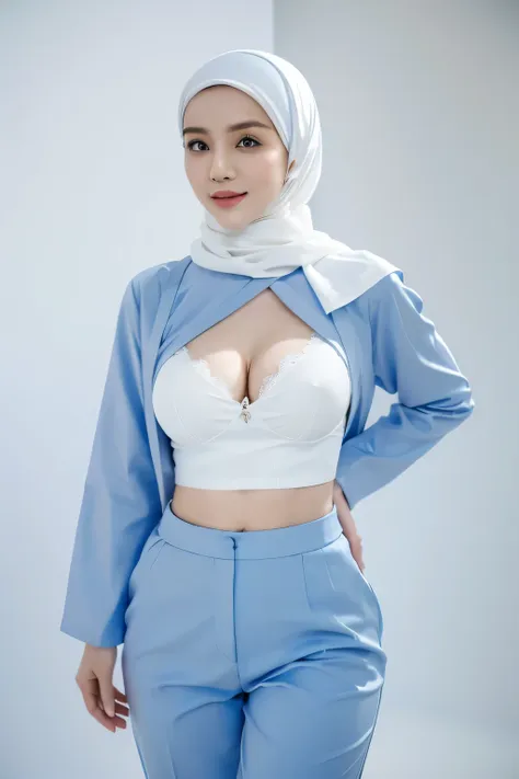 1 lady, 20 years old, best body,  wearing white hijab, hijab covers whole hair, wearing blue nurse shirt & blue trousers,  thigh...